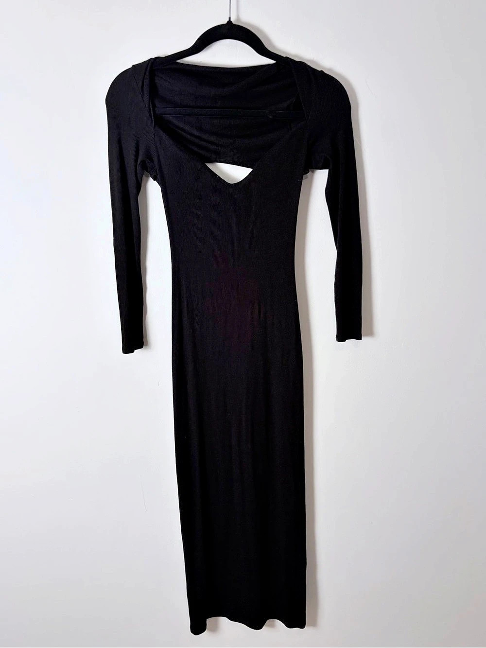Enza Costa Black Silk Blend Ribbed Cutout Long Sleeve Dress XS
